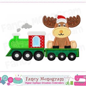 May include: A whimsical Christmas train design featuring a green engine and a red caboose with white polka dots. A brown moose wearing a Santa hat rides in the last car. The design is perfect for digital applique embroidery.