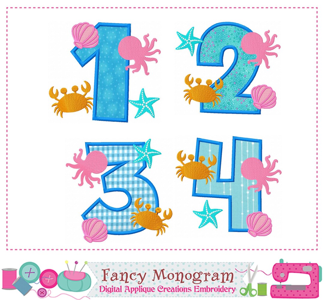 Ocean Applique Embroidery Design: Beach Numbers (digital Download) 233X ...