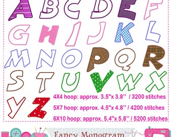 May include: A colourful alphabet in a cartoon style with different patterns and colours. The letters are arranged in rows and are suitable for embroidery projects. The image includes information about hoop sizes and stitch counts for different embroidery machines.