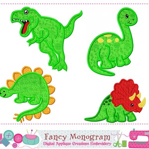 Könnte beinhalten: Vier verschiedene Dinosaurier-Designs in Grün und Rot. Die Dinosaurier sind schwarz umrandet und haben ein cartoonartiges Aussehen. Die Designs sind perfekt für Stickprojekte.