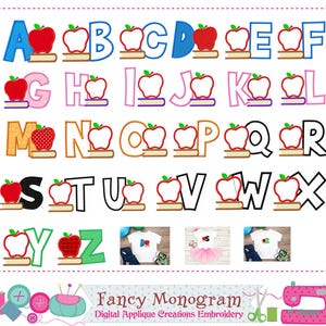 Apple Font Monogram Letter Applique Design for School Book - Back to school - Embroidery Pattern -257B