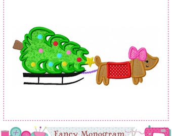 Christmas Tree Applique - Puppy Sleigh bow Embroidery Decor -258TW