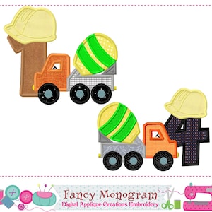 Numbers Applique Construction Cement Truck Mixer Birthday Embroidery Set -244M