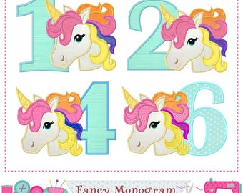 Regenbogen Einhorn Zahlen Applikation Stickmuster (Digitales Muster) 2166