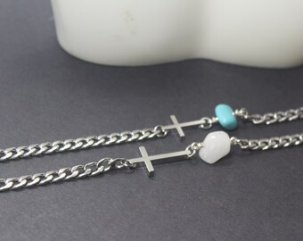 Empath Protection  Gift For Men. Raw stone Bracelet. Sideways Cross Necklace. Raw crystals Jewelry. Boyfriend Birthday gift. Faith Cross .