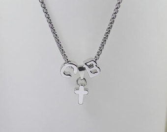 Two Initials Necklace with Small Cross – Personalized Stainless Steel Chain, Custom Faith Jewelry Gift for Couples, Friends, or Family 23