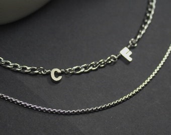 Two  Initials Necklace.Two Letters Jewelry.Men gift. Layered ,2 Strand .Personalized Men  jewelry Double letter ID .boyfriend, husband