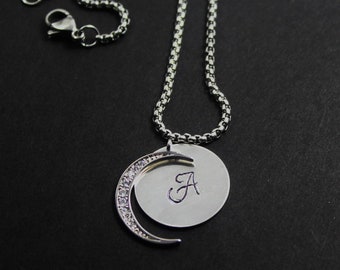 Unsex jewelry gift. Custom CZ Moon necklace.Personalized Moon necklace. CZ Sparking Moon,Men & women jewelry gift. Initial  Moon necklace.
