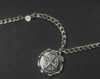 Pirate Jewelry, Skull necklace .Silver Compass necklace. Silver mini skull jewelry. gift for Colleague Student. Nautical Jewelry  Graduation