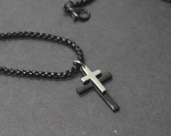 2 Cross Necklace. double cross jewelry for him. silver cross Men necklace. .Christian catholic gift, Religious gifts. Black Cross Necklace