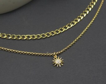 2 Strand Sun Necklace  .Silver Gold Mini Sun Jewelry set, Son birthday gift. Handmade Layered necklace. Celestial Pendant, Dainty Sun Charm.