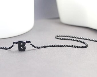 Simple Black Initial Necklace — Minimal Personalized Pendant on Black Stainless Steel Chain, Unisex Gift 23