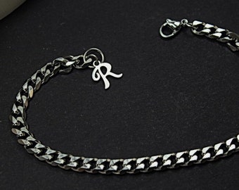 Gepersonaliseerde herenarmband - zilveren initiaal herensieraden 7 mm roestvrijstalen ketting verjaardag. cadeau voor vriend: armband op maat voor echtgenoot
