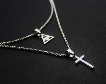 Triangle evil eye jewelry. 2 necklace set for Men. Cross silver Men necklace. layered Cross evil eye necklace. Men's Christian Gift . His