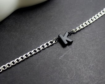 Silver chain Black Initial necklace ,Men Gift., Monogram Men necklace. Custom men gift.  Initial Letter .Protection Men jewelry.Husband gift