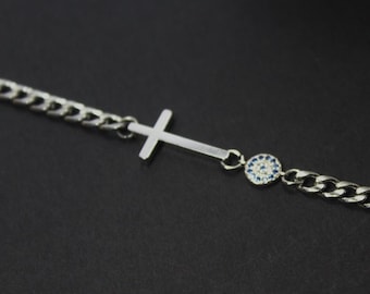 Men Protection necklace . Cross Evil Eye jewelry gift. Sideways Cross necklace gift. Protection gift for boyfriend  Christian Men necklace .