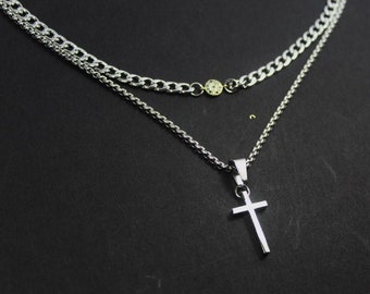Mannen Bescherming ketting. Cross Evil Eye sieraden cadeau. Gelaagde Mannen Kruis ketting cadeau. 2 strengen Heren ketting set. Christelijke Mannen ketting .
