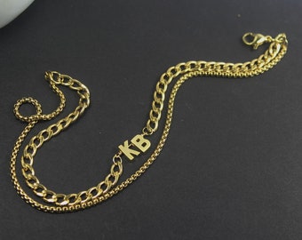 Aangepaste mannen cadeau, 2 strengen initiële heren enkel armband gepersonaliseerde enkelband voor vriend- aangepaste twee letters enkel voor hem heren sieraden