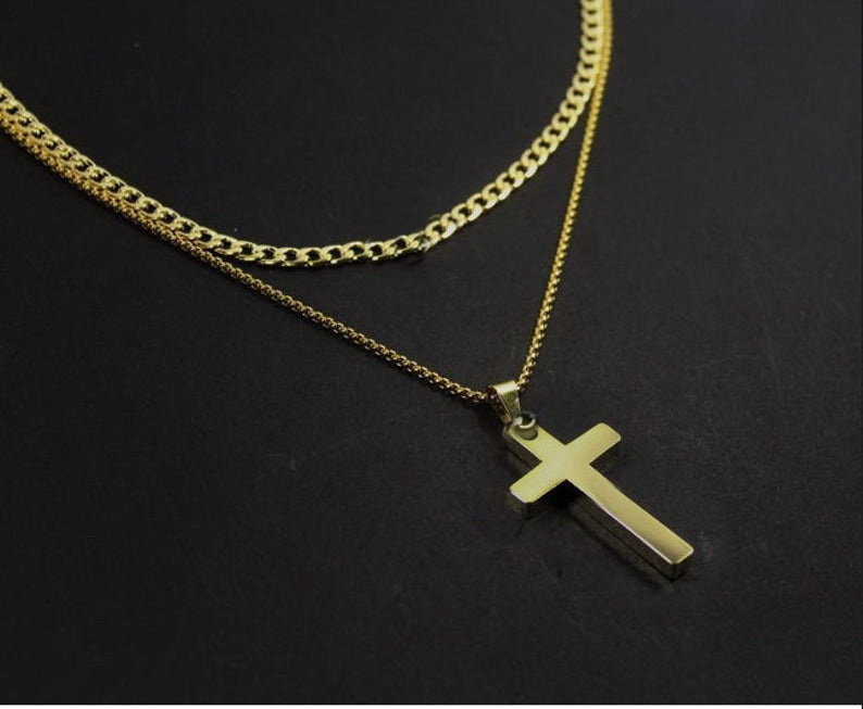 Multi-strand Men Gold Cross Necklace 