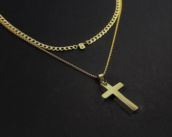 Gouden gepersonaliseerde mannen cross ketting, multi streng gouden kruis sieraden. Custom Men Gouden initiële ketting, Gelaagd kruis cadeau, brother.boyfriend