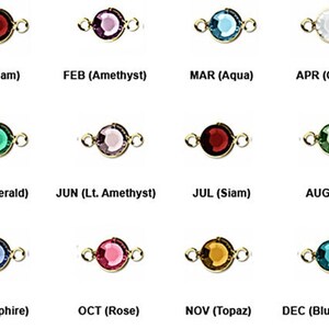 May include: Twelve gold-toned charms with different colored gemstones, each representing a month of the year. The charms are labeled with the month and gemstone name, such as "JAN (Siam)" and "FEB (Amethyst)".