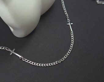 Sideways Cross Jewelry.Two Silver Cross Gift ,Double cross necklace. Baptism Gift, Christmas Gift, Men's Cross Necklace , Christian Gifts .