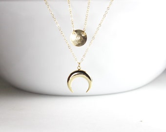 Volle maan ketting, halve maan sieraden, gouden gelaagdheid ketting, goud gevulde gouden gelaagde maan sieraden. 2 maan, halve maan gelaagde ketting