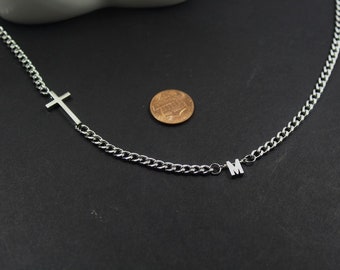 Sideway Cross Men gift. Personalized Cross Men jewelry,Men Spiritual Jewelry Gift. God brother Silver initial necklace.Custom Mens Christian