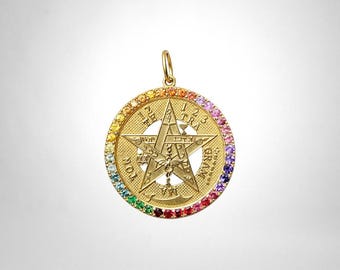 Tetragrammaton Pendant | Rainbow Gemstone Halo | Protection Amulet | Sterling Silver or 18k Gold