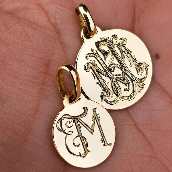 Gold 18k Sterling Initial Hand Engraved Monogram Disc