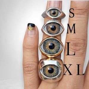 ドリーミーグリーンの義眼リング、スターリングシルバーの邪眼、ゴシックジュエリー