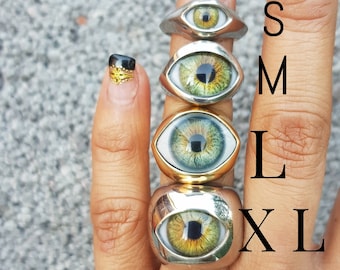DREAMY GREEN COLOR Silver prosthetic eye jewelry, statement signet evil eye ring, memento mori creepy cool gifts, weird whimsical gothic