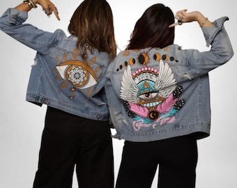 Hand-Painted Denim Jacket: Eye Design, Wearable Art