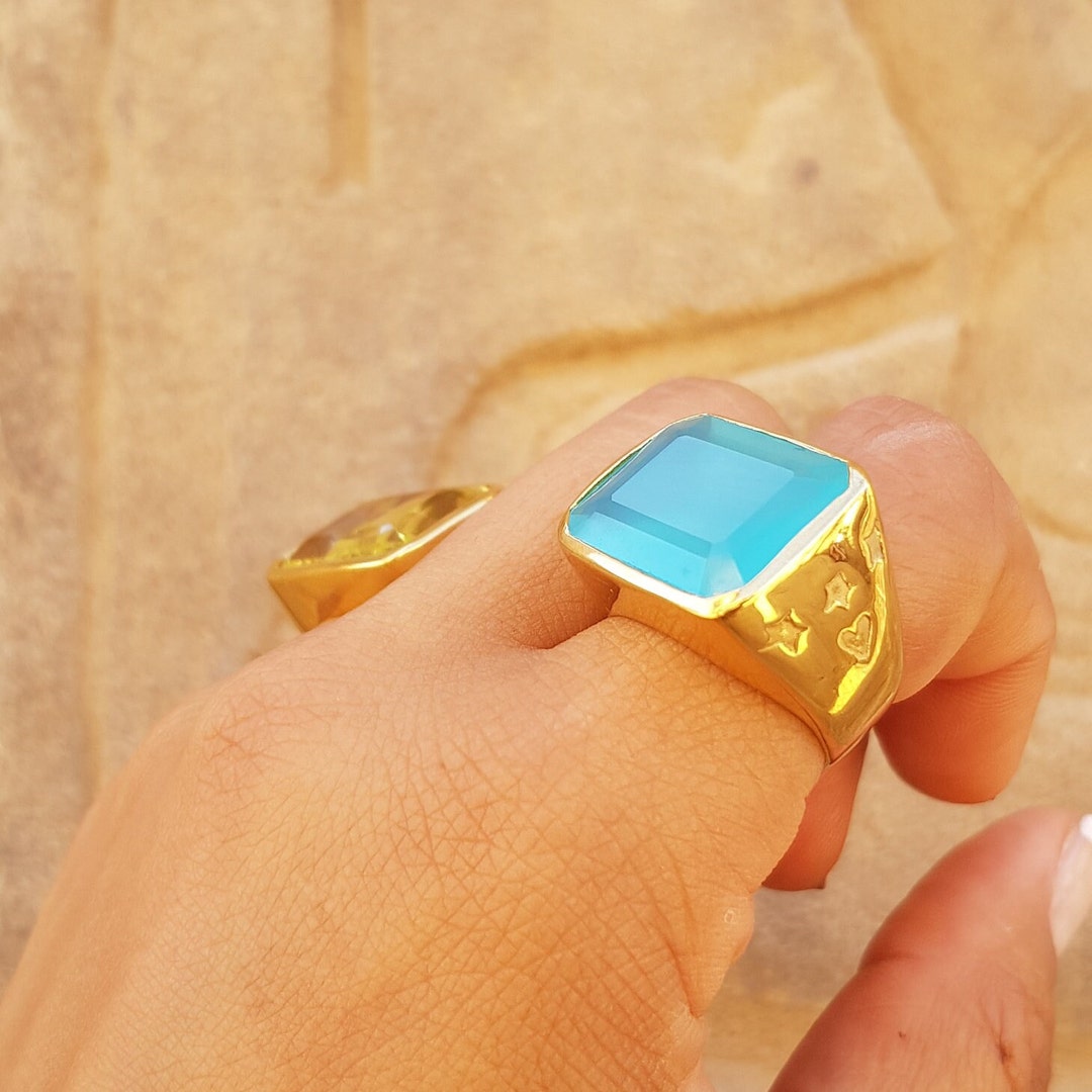 Blue Agate Gemstone Signet Ring, Orion Belt Star Design - Etsy