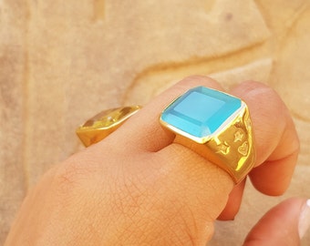 BLUE AGATE gemstone signet natural stone ring Orion belt silver 18k gold star heart ring black onyx