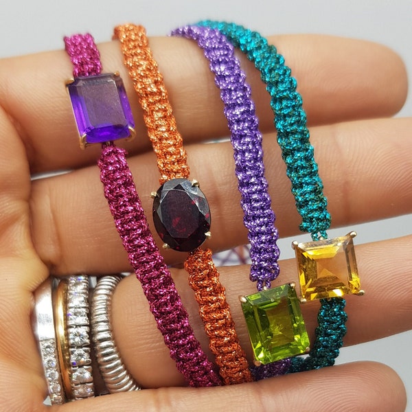 Gemstone natural stone cord bracelet 18k gold colourful thread