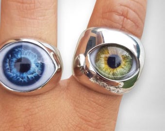 TURQUOISE Prosthetic Eye Ring, Sterling Silver Signet, Gothic Jewelry