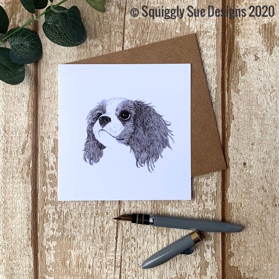 King Charles Cavalier Spaniel Dog Blank Greetings Card Pen and Ink Drawing