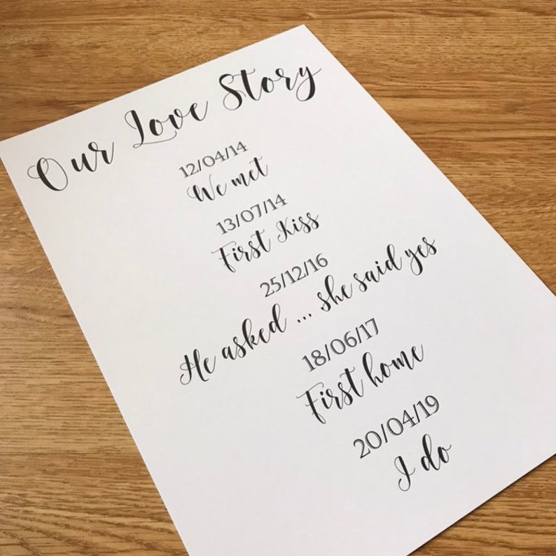 Personalised Our Love Story Wedding Sign A4 image 1