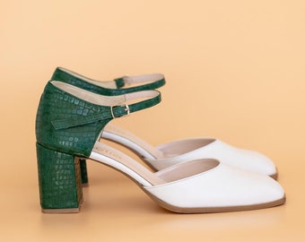 Handmade Stylish white with green print leather ,Mary Jane Shoes for Women | Elegant Leather Shoes square heels 6,5 cm, square toe shoes