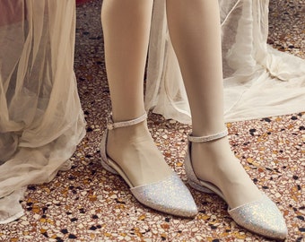Wedding Sparkle shoes flat /Woman Handmade flat Pointed Pumps ,glitter shoes Handmade Glitter Wedding Flats: Sparkly Pointed Pumps