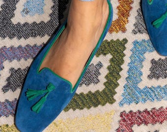 Blue Suede Tassel Loafers for Women | Handmade Crupon Sole Flats – “Niki” Collection