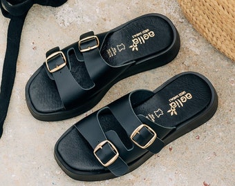 Black Double Buckle Flatform handmade slides sandals / Total black Comfort sandals/ Black platform flatform handmade Aelia Greek sandals