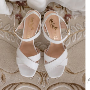 White  Leather Criss Cross Platform Sandals, Bridal Block Heels