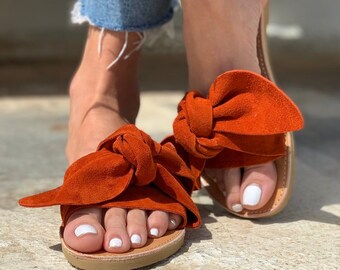 Burnt Orange Bow Leather Greek Sandals last pair 39