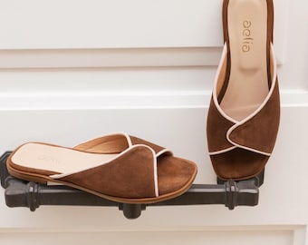 Brown with beige detail  suede mules, slides, summer women sandals. easy wear summer shoes,Flats Women shoes