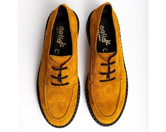 Mustard Woman Loafers with Laces ,chunky lace up flat shoes/ Brogues Yellow Suede Shoes /leather shoes-yellow suede women shoes /gift