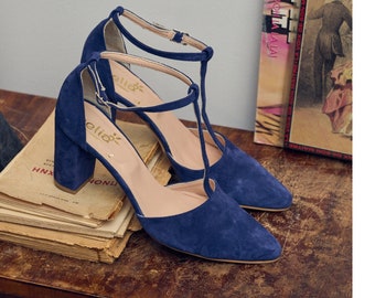 Indigo blue leather suede tango style Woman Handmade Medium Block Heels Pointed Pumps ,collection Donna sandalen blockabsatz