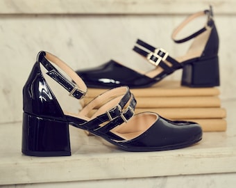 Black shiny Mary Jane mid shoes in black patent, Medium Heel Barefoot Sandals medium block heels ,woman pumps 4 ,5 cm heel retro style