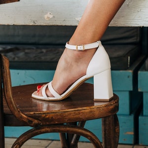 Strappy White leather block heels ,wedding shoes ,woman wedding shoes , white vegan leather with block heel .Bride white shoes block heels